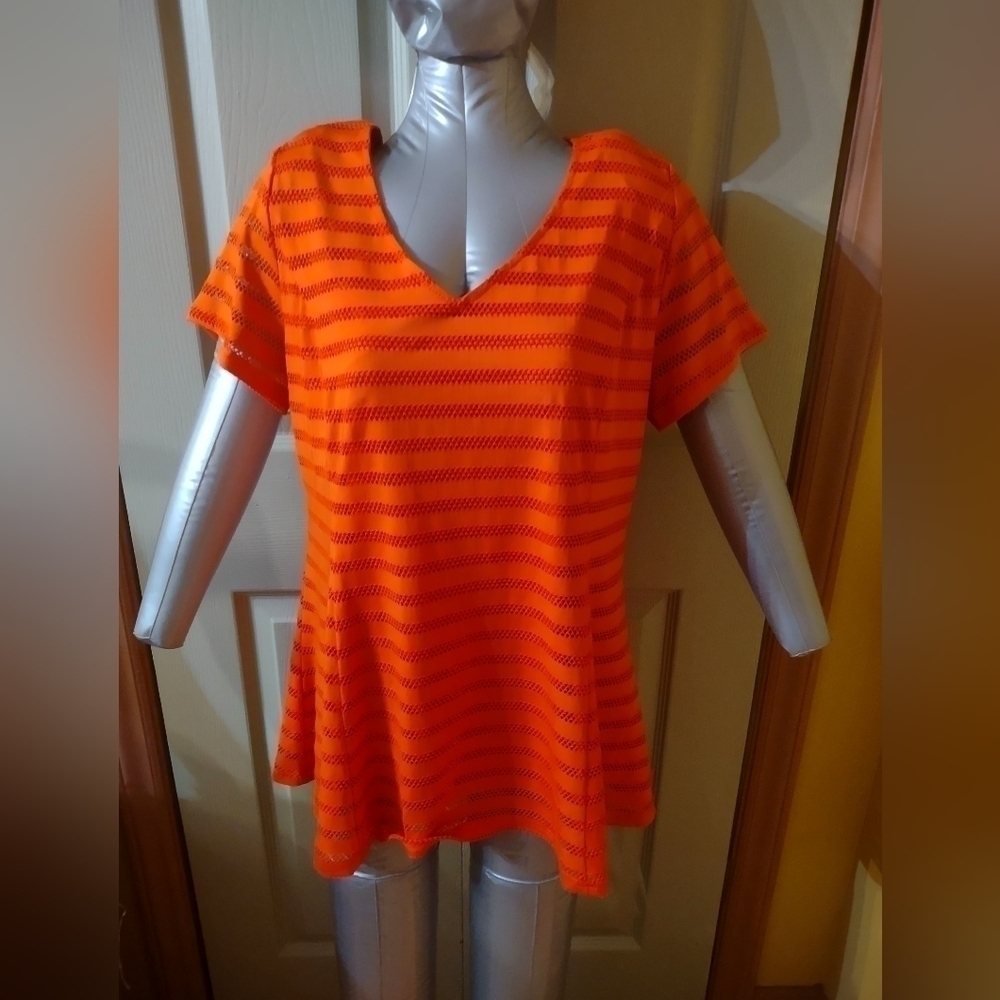 Isaac Mizrah Live Womens Medium Striped Short Sleeve Shirt Blouse Top